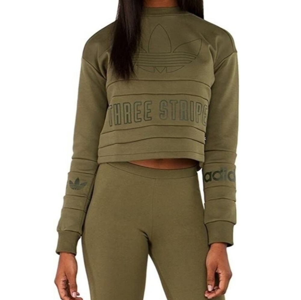 Women's Adidas Three Stripe Cropped Olive Green Crewneck Sweatshirt